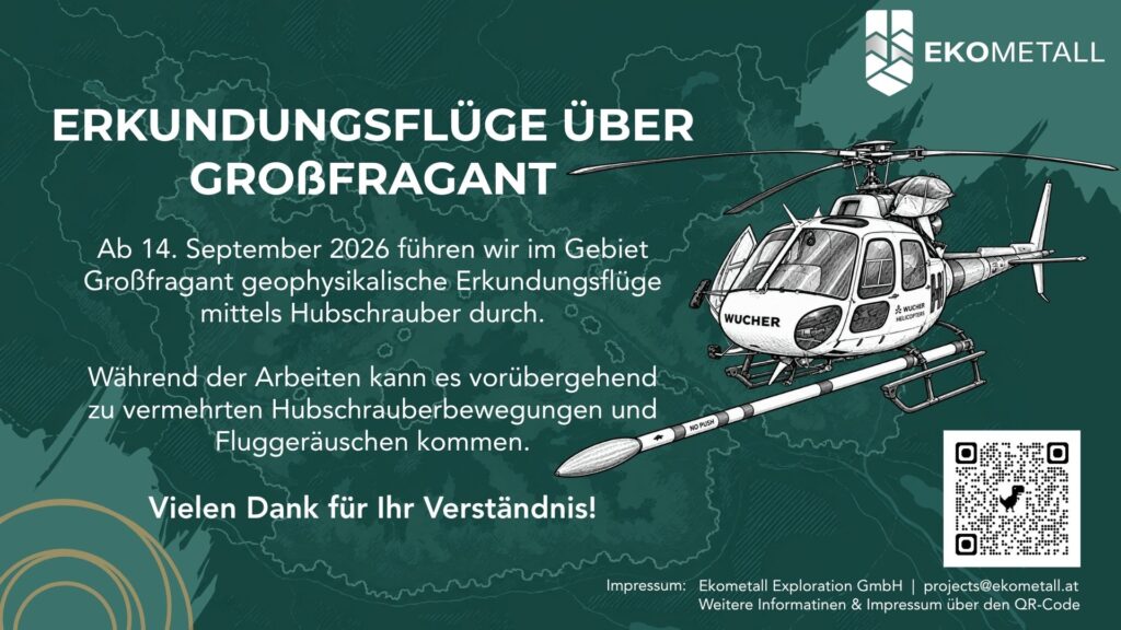 Hubschrauber mit Messgerät über Großfragant für geophysikalische Erkundungsflüge